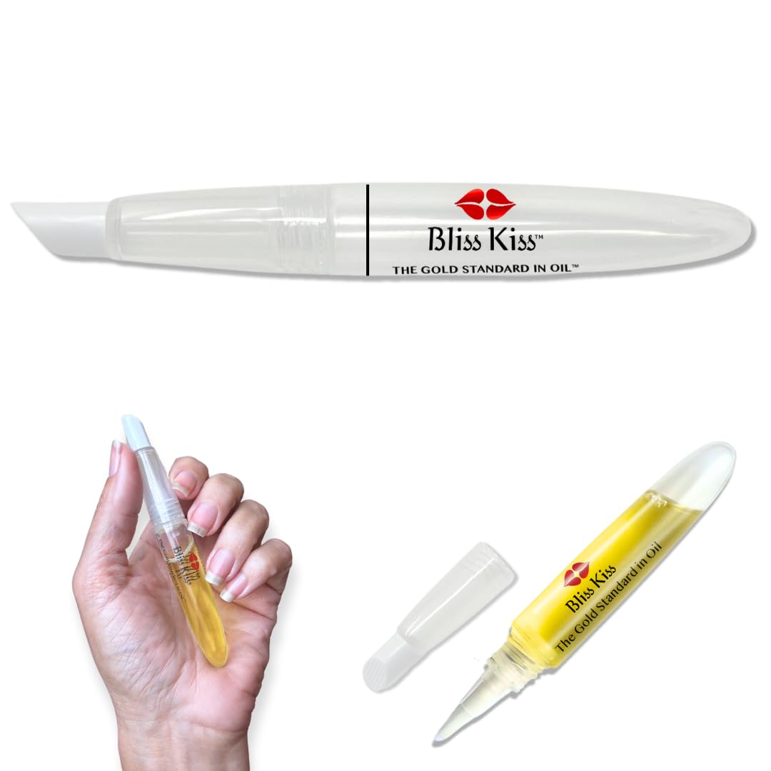 Bliss Kiss portable nail care pen carried in a purse for quick touch-ups.