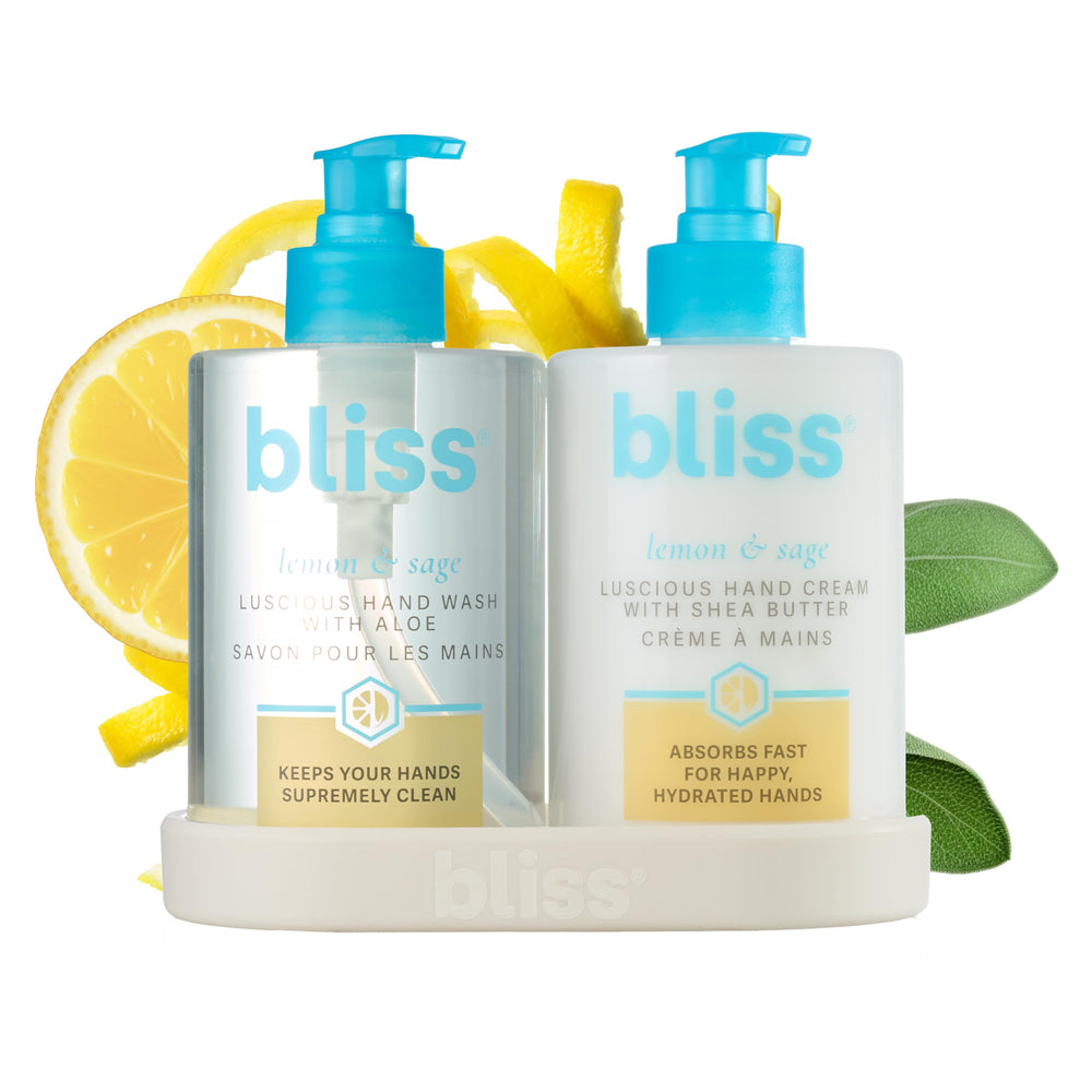 Bliss Lemon & Sage hand wash bottle showcases citrus-cleanse action.