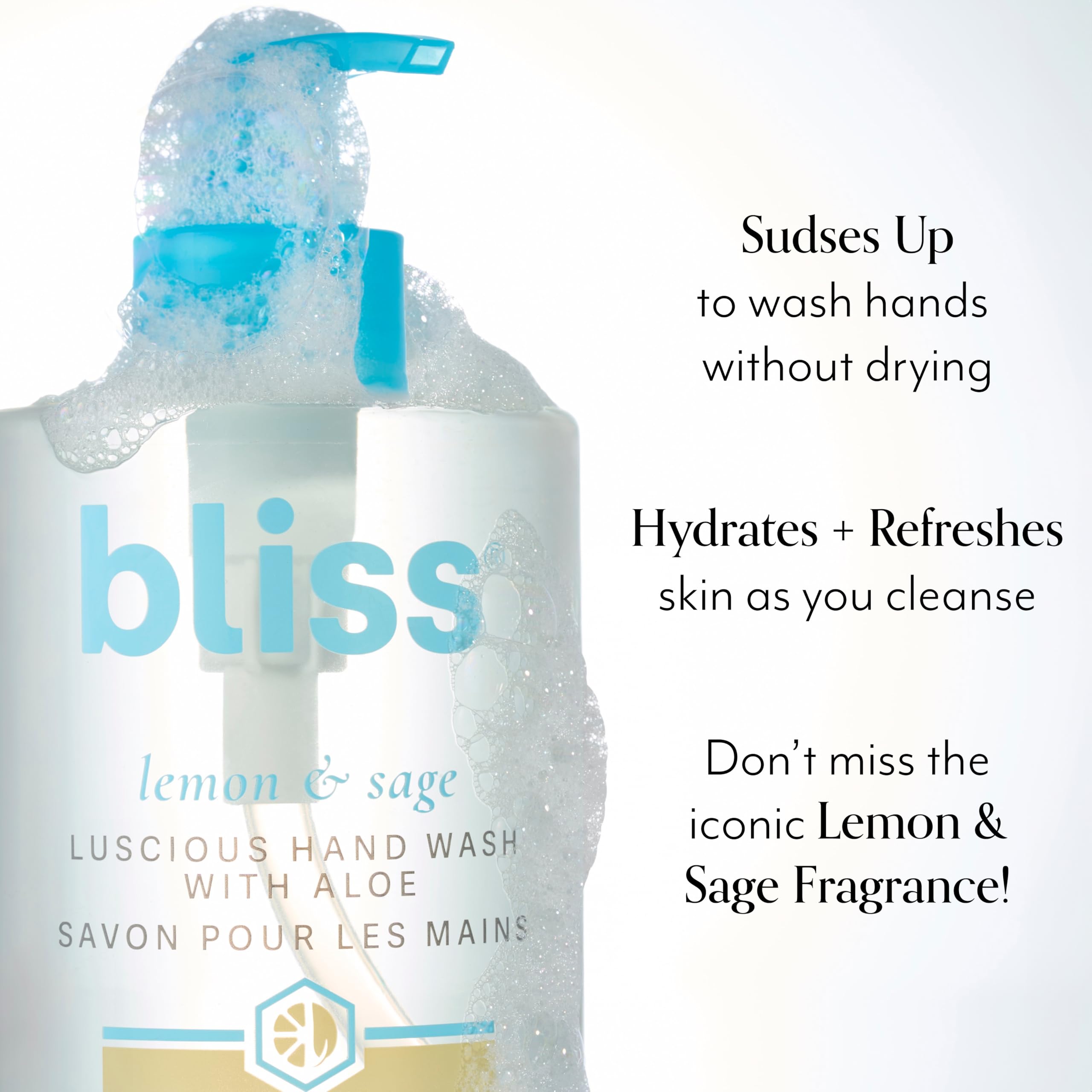 Bliss Lemon & Sage Hand Wash foam, rich lather cleansing without drying the hands