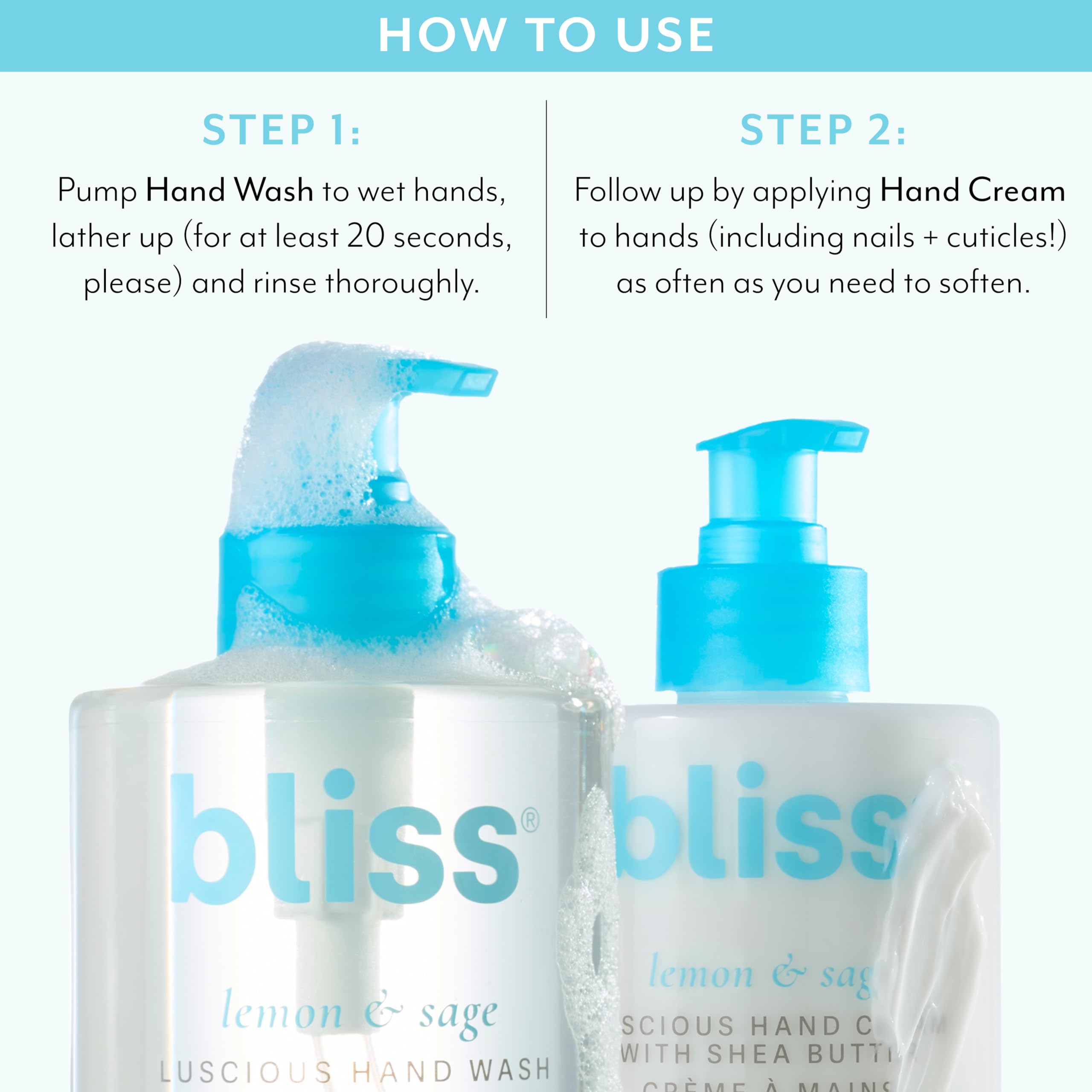 Bliss Lemon & Sage hand wash lather close-up shows creamy foam.