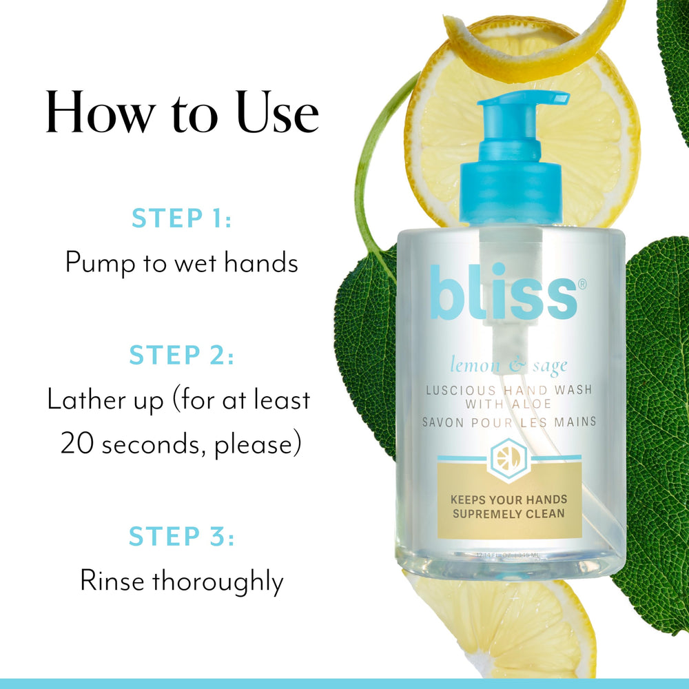 Bliss Lemon & Sage Hand Wash packaging on bathroom shelf