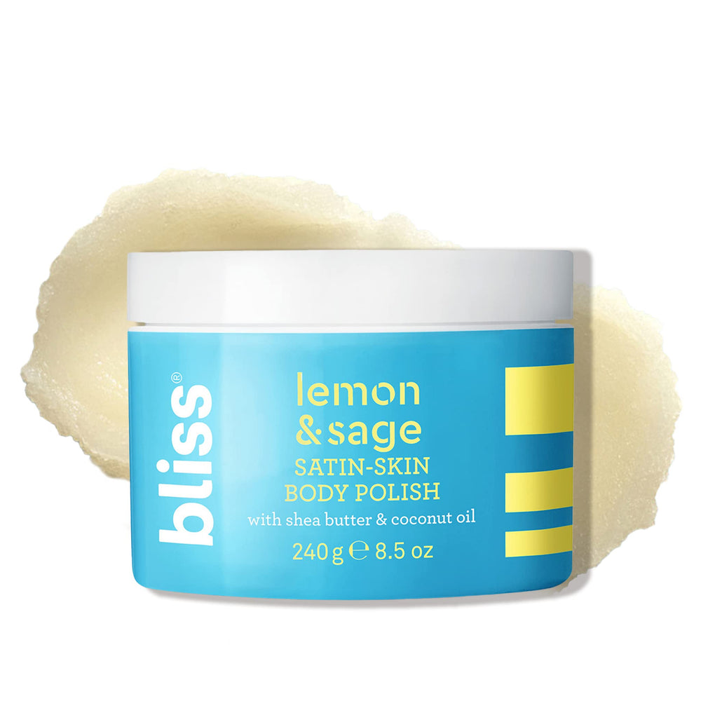 Bliss Lemon & Sage Satin Skin Body Polish bottle shows energizing scent.