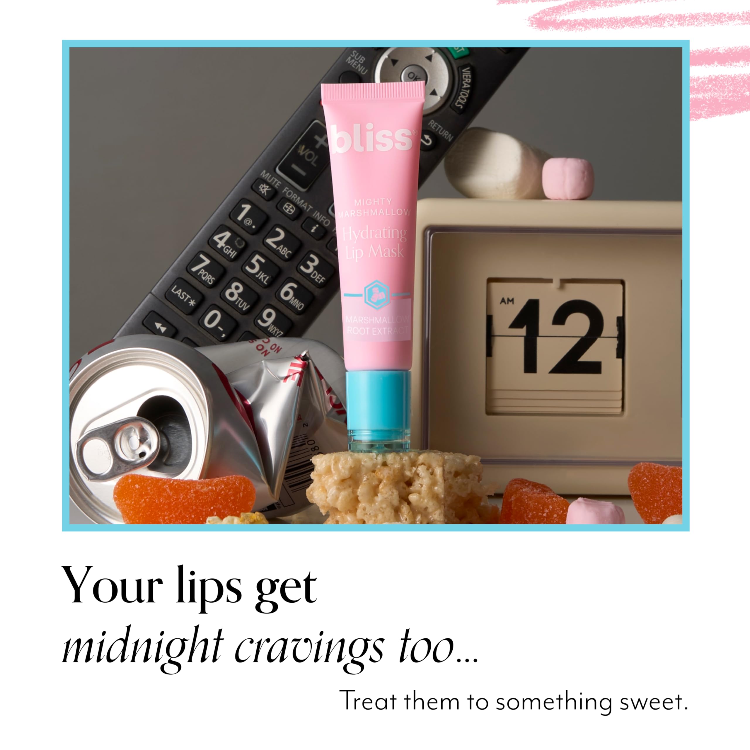 Product lineup on a shelf featuring Bliss Mighty Marshmallow lip mask