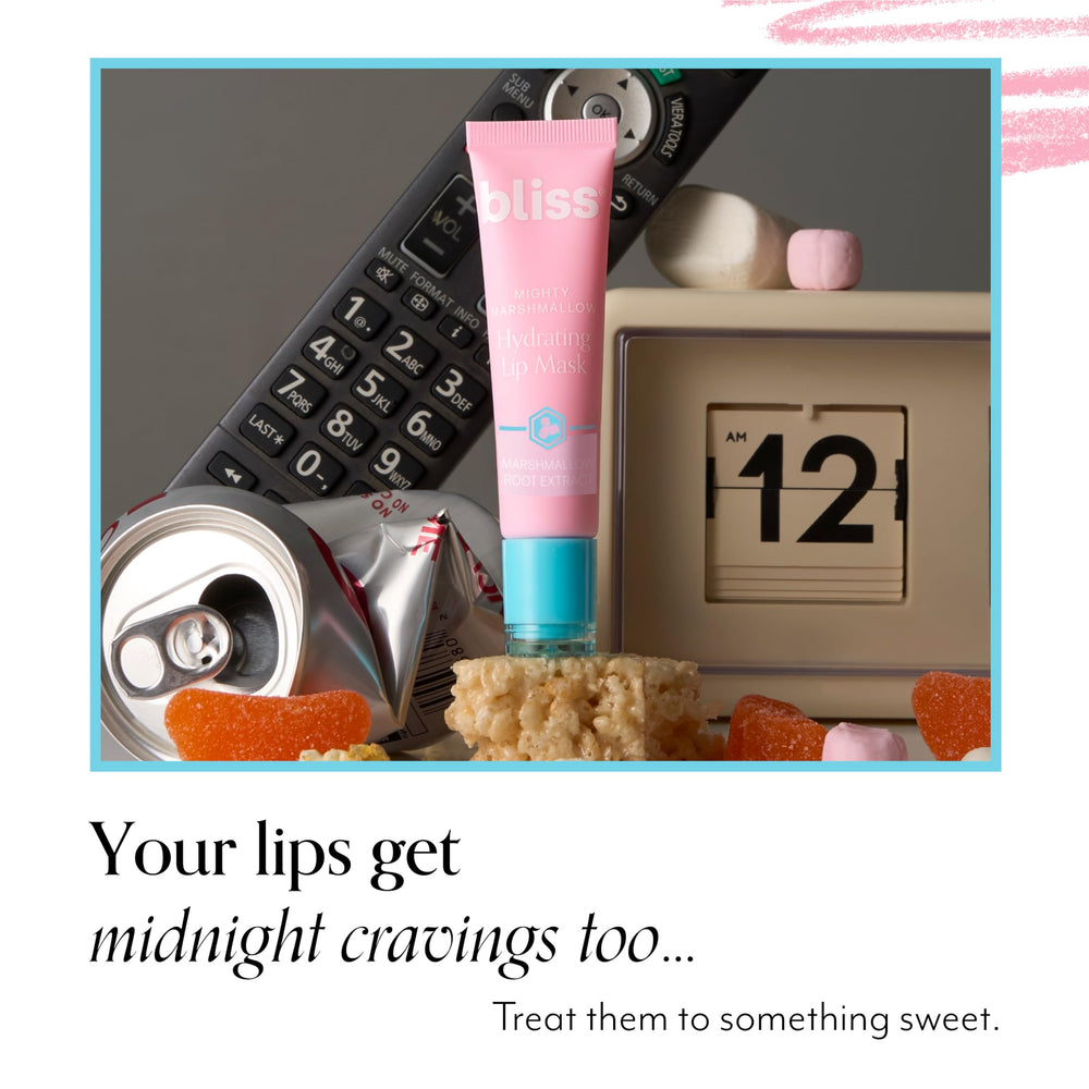 Product lineup on a shelf featuring Bliss Mighty Marshmallow lip mask