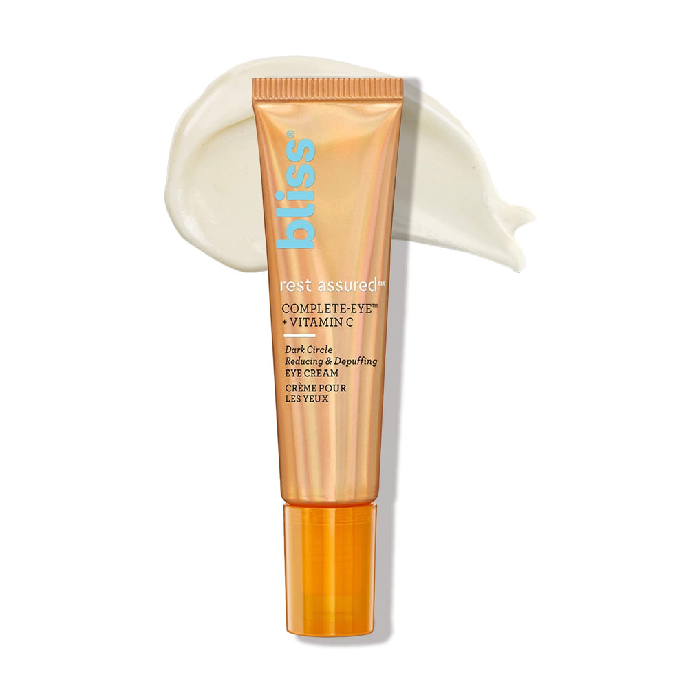 Bliss Rest Assured Eye Cream bottle with brightening vitamin C on label.