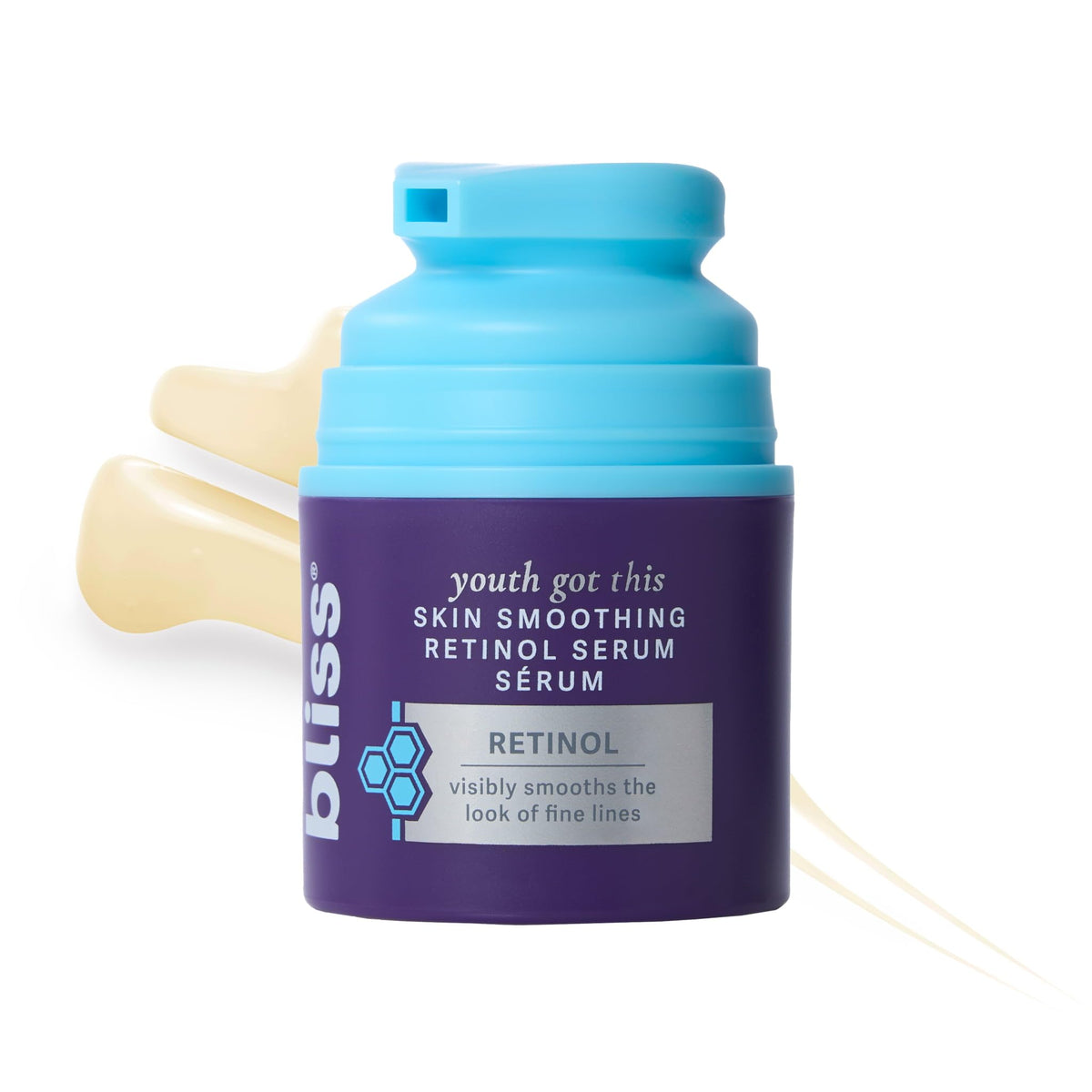 Bliss Retinol Serum bottle pump showing fragrance-free anti aging care