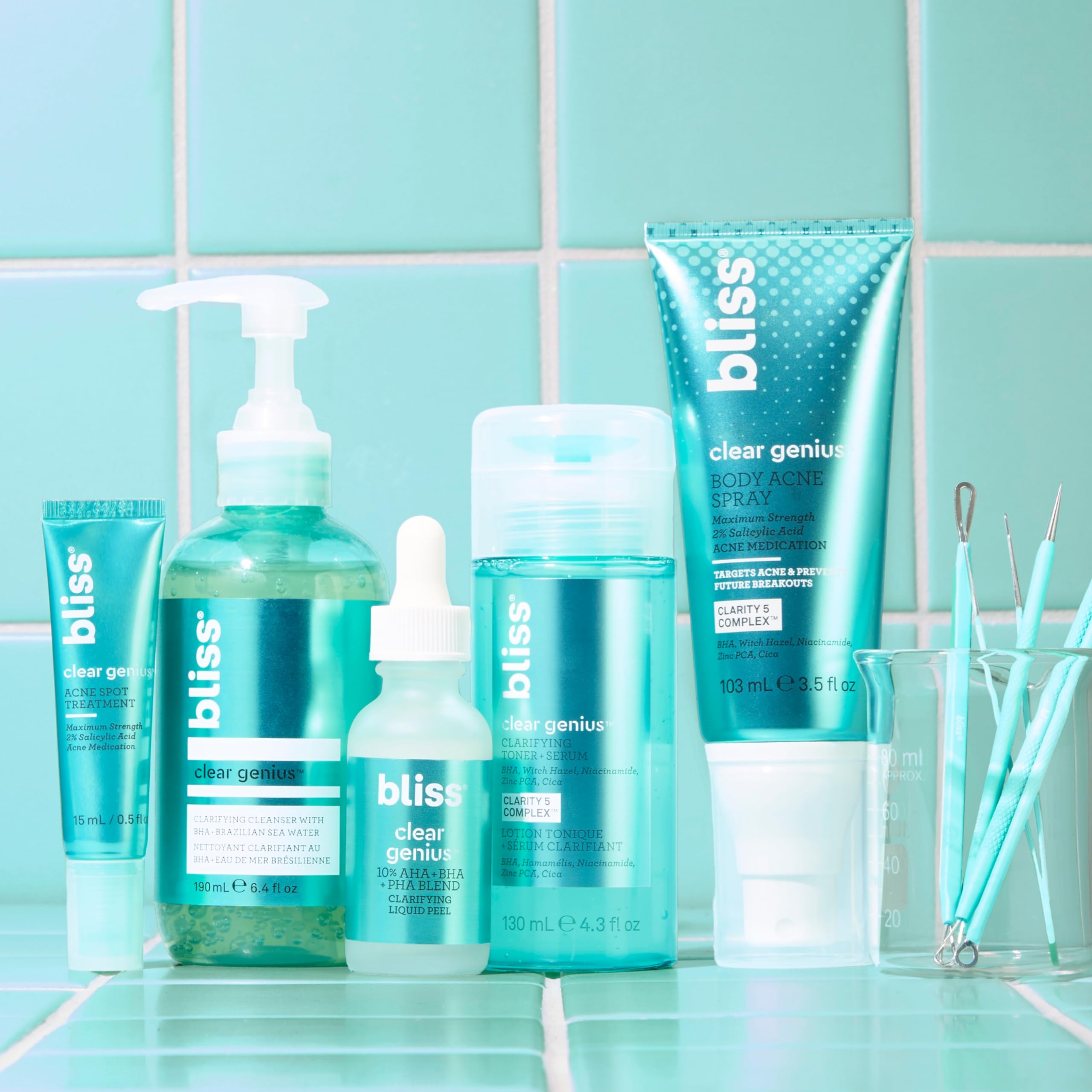 Bliss Skin-care routine shot showing products ready for use