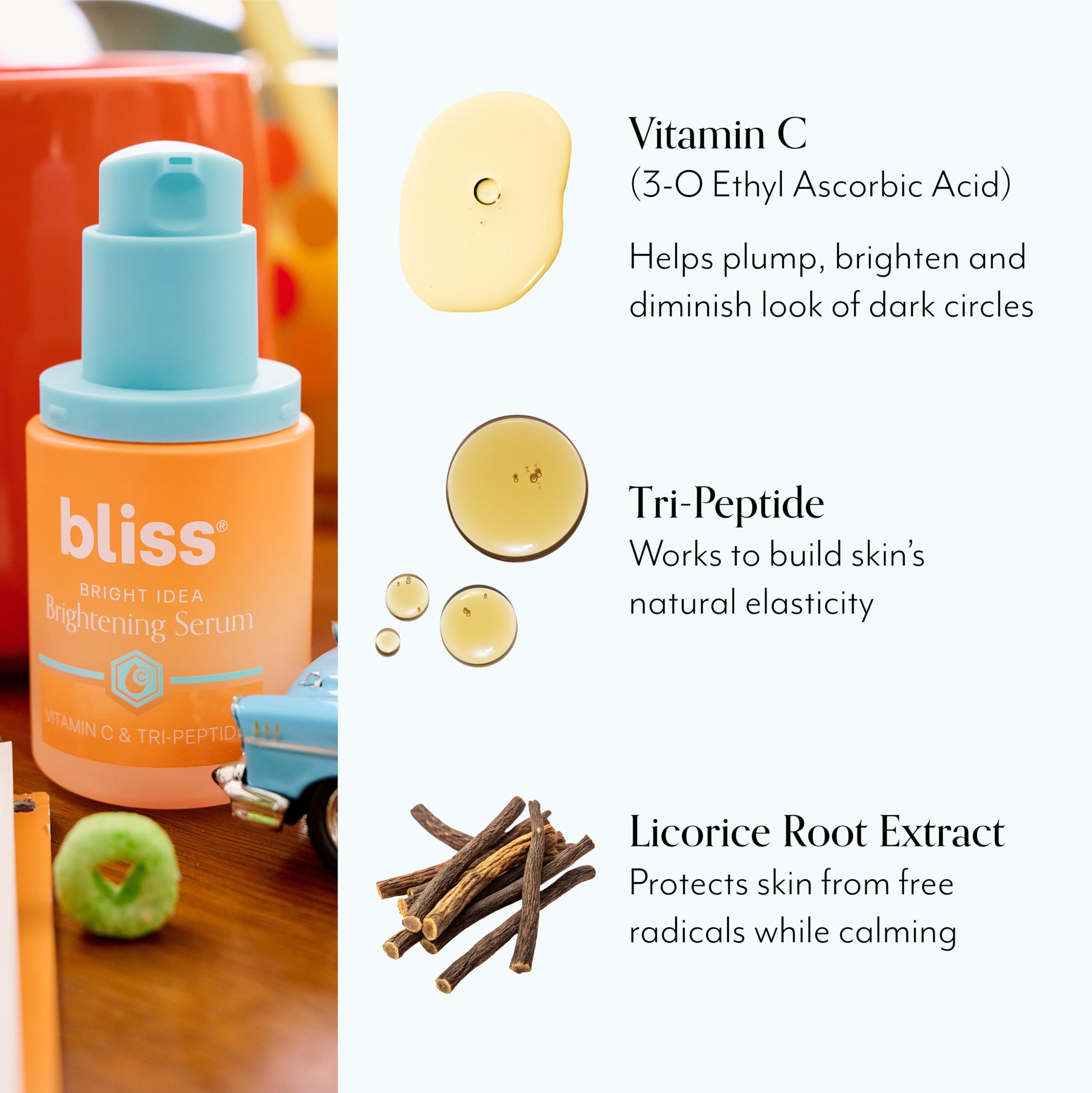Bliss Vitamin C serum close-up showing rich texture for brightness.