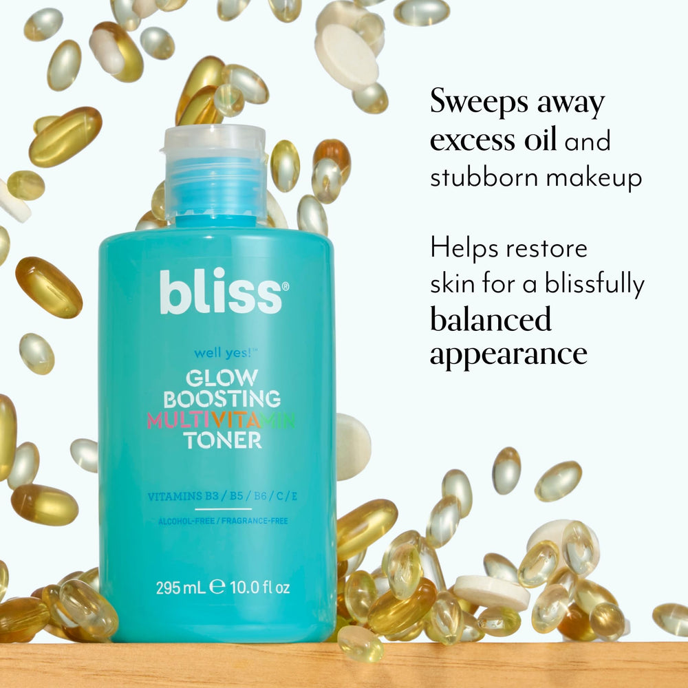 Bliss Well Yes Toner bottle closeup highlighting healthy-looking balance.