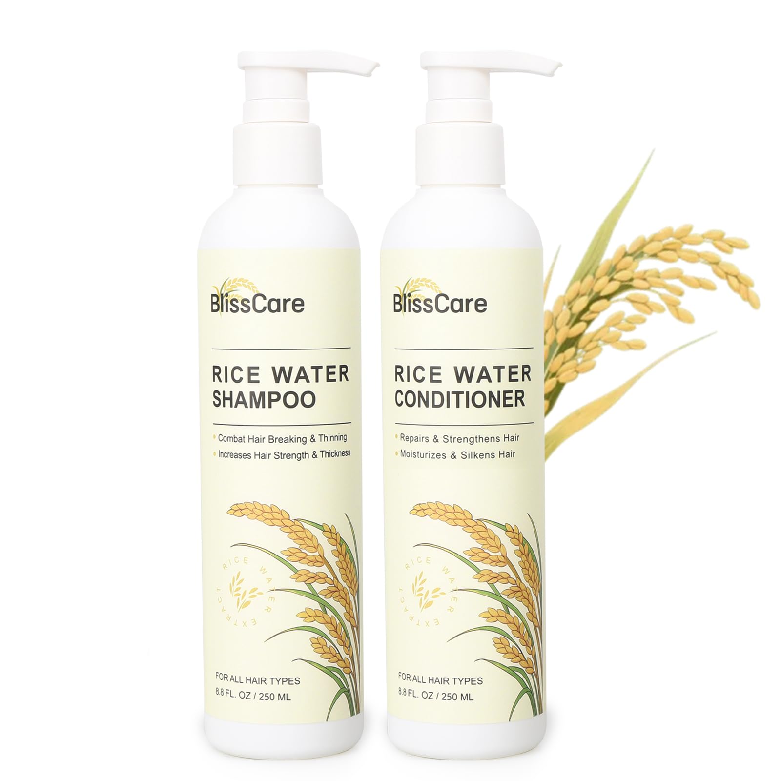BlissCare Rice Water Shampoo bottle promoting stronger, shinier hair