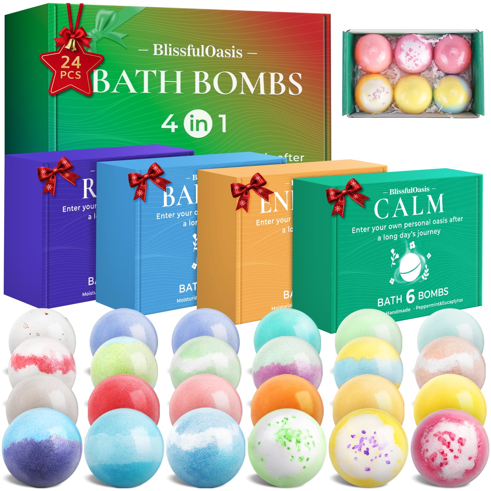 BlissfulOasis bath bombs set, 24 pieces, in gift boxes for celebrations.