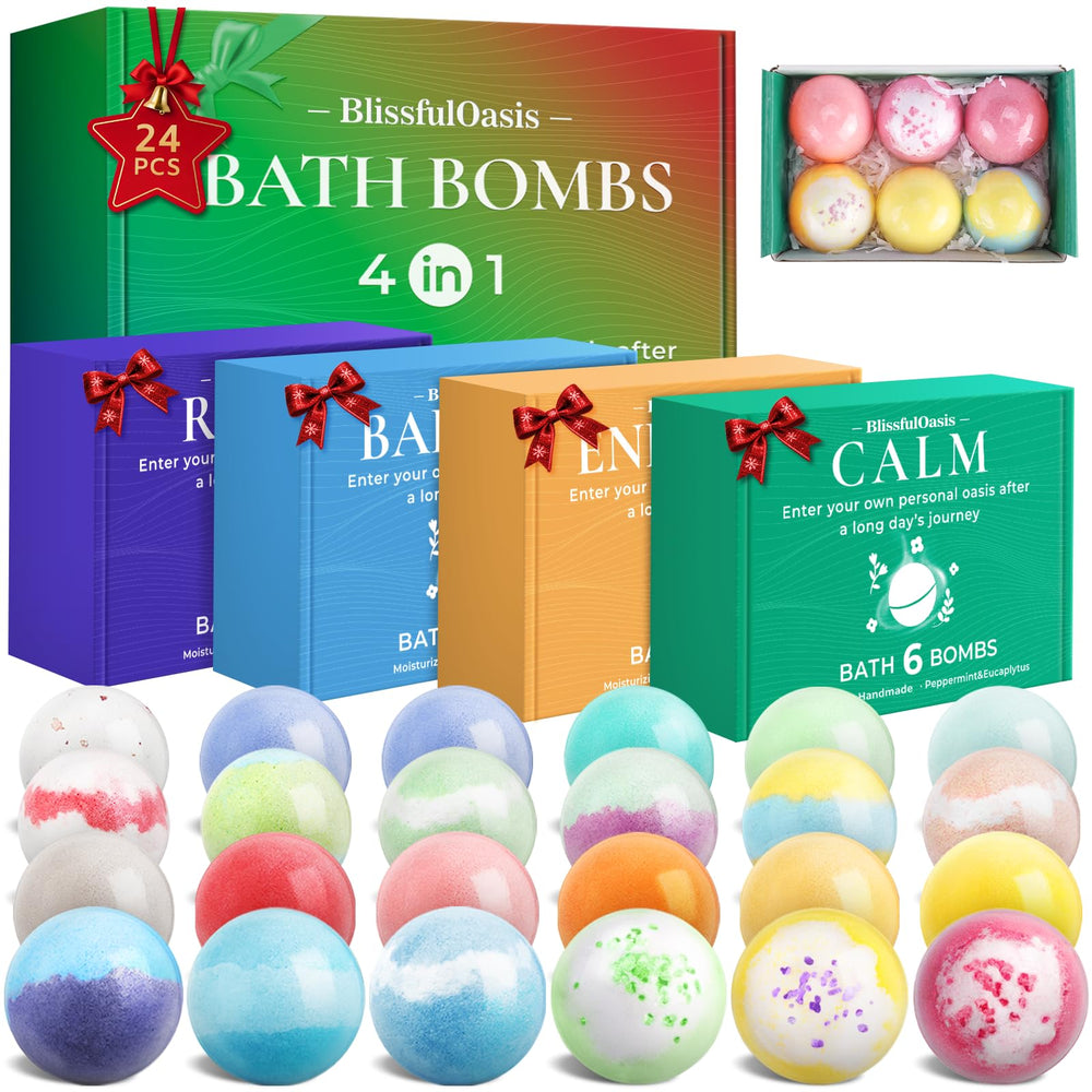 BlissfulOasis bath bombs set, 24 pieces, in gift boxes for celebrations.
