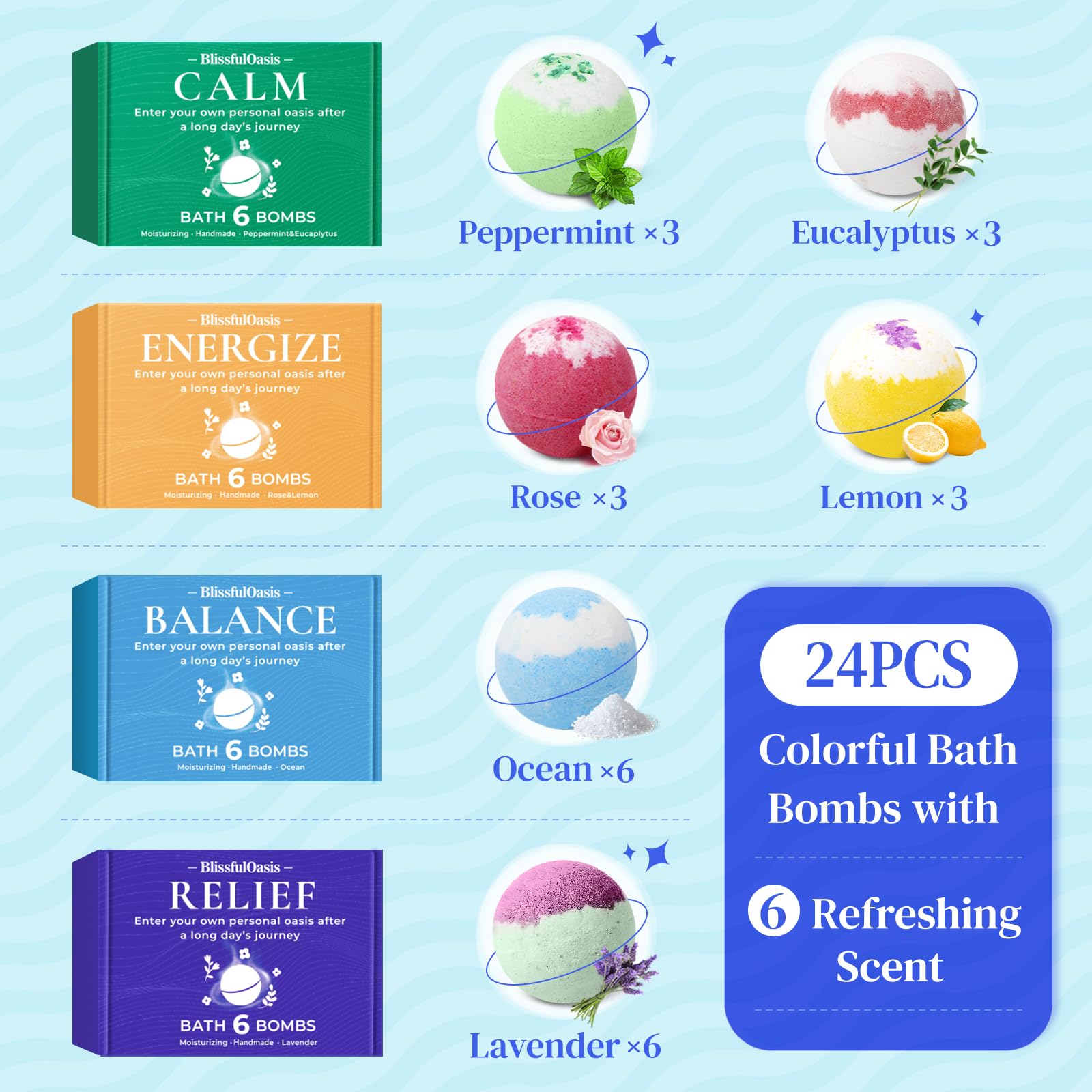 BlissfulOasis bath bombs swirl colors in tub with vibrant, stain-free effect.