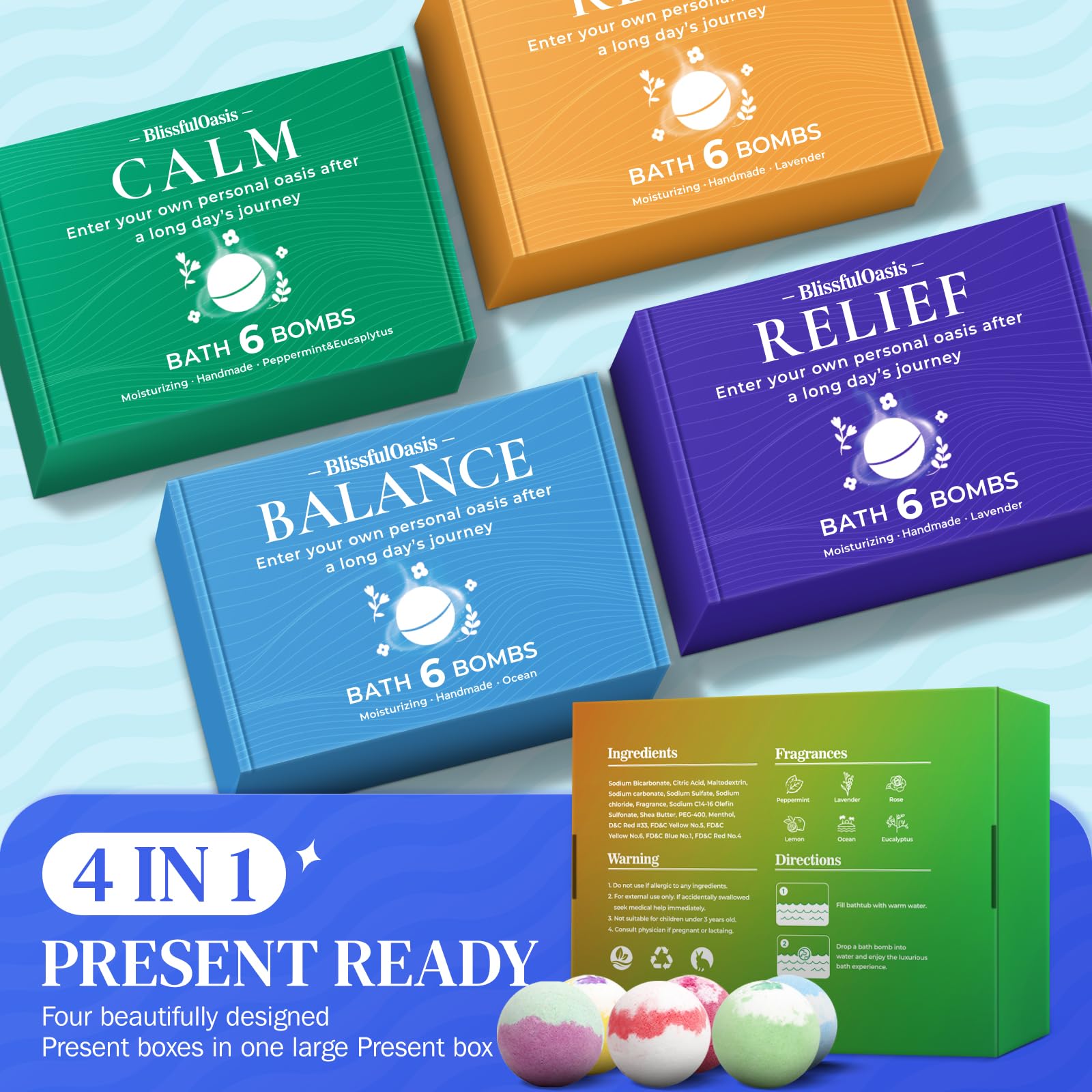 BlissfulOasis bath bombs are individually wrapped to lock in fragrance.