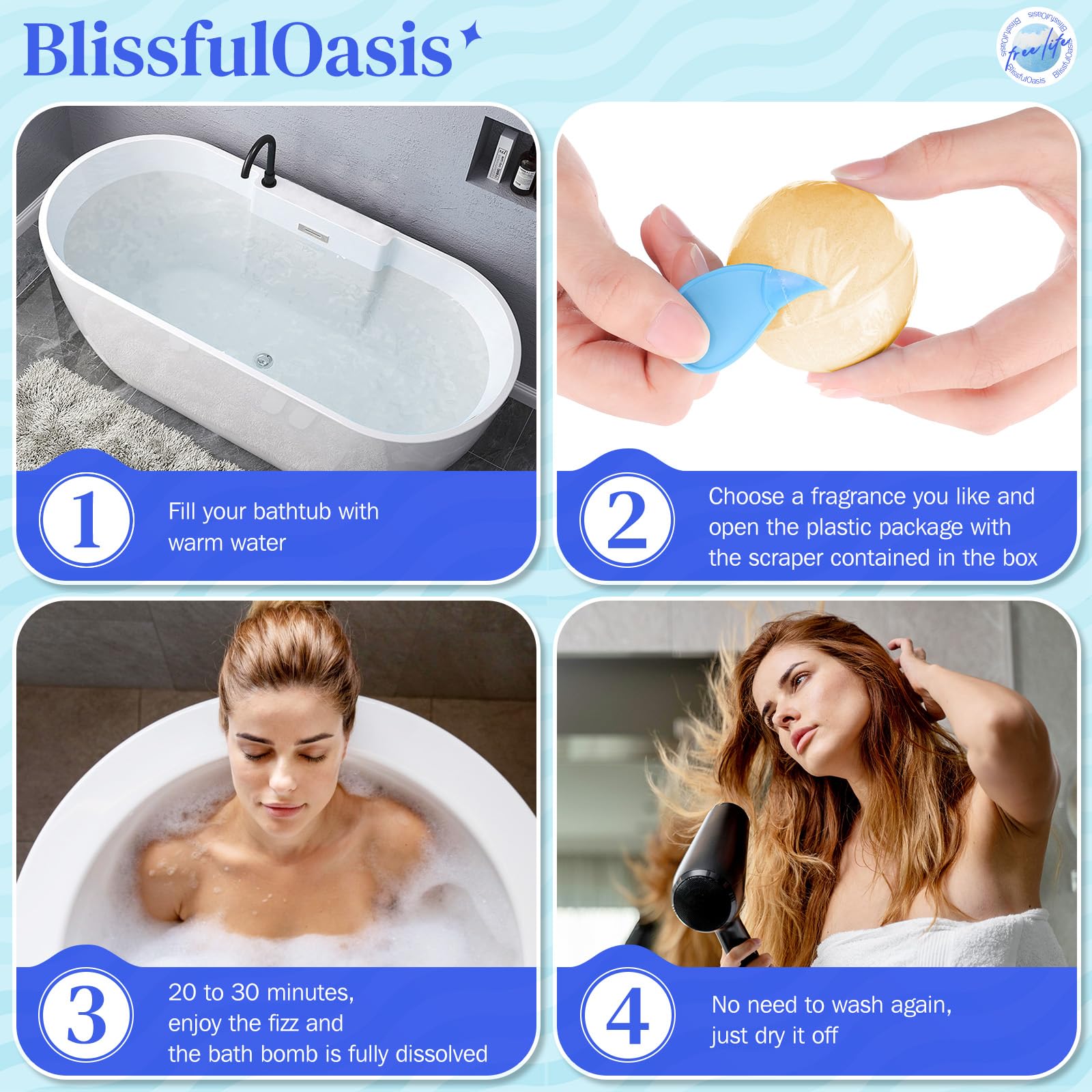 BlissfulOasis moisturizing bombs soften skin while you unwind.