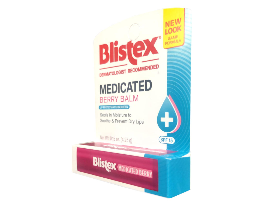 Blistex Medicated Berry Balm application close-up shows smooth glide on lips.