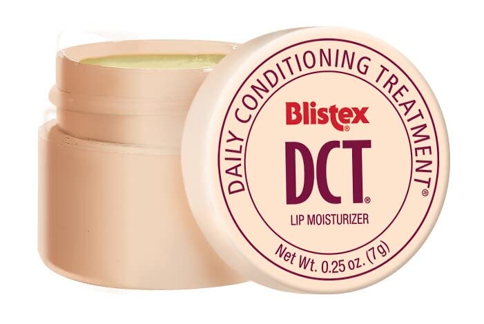 Blistex DCT jar in use demonstrates easy lip moisturization.