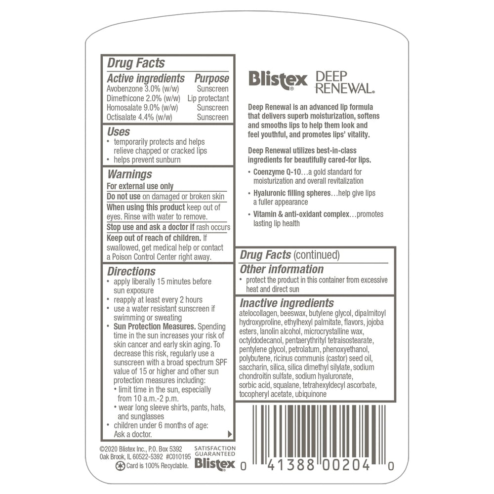 Blistex Deep Renewal lip balm close up shows hyaluronic spheres and CoQ-10 for nourished lips outdoors.