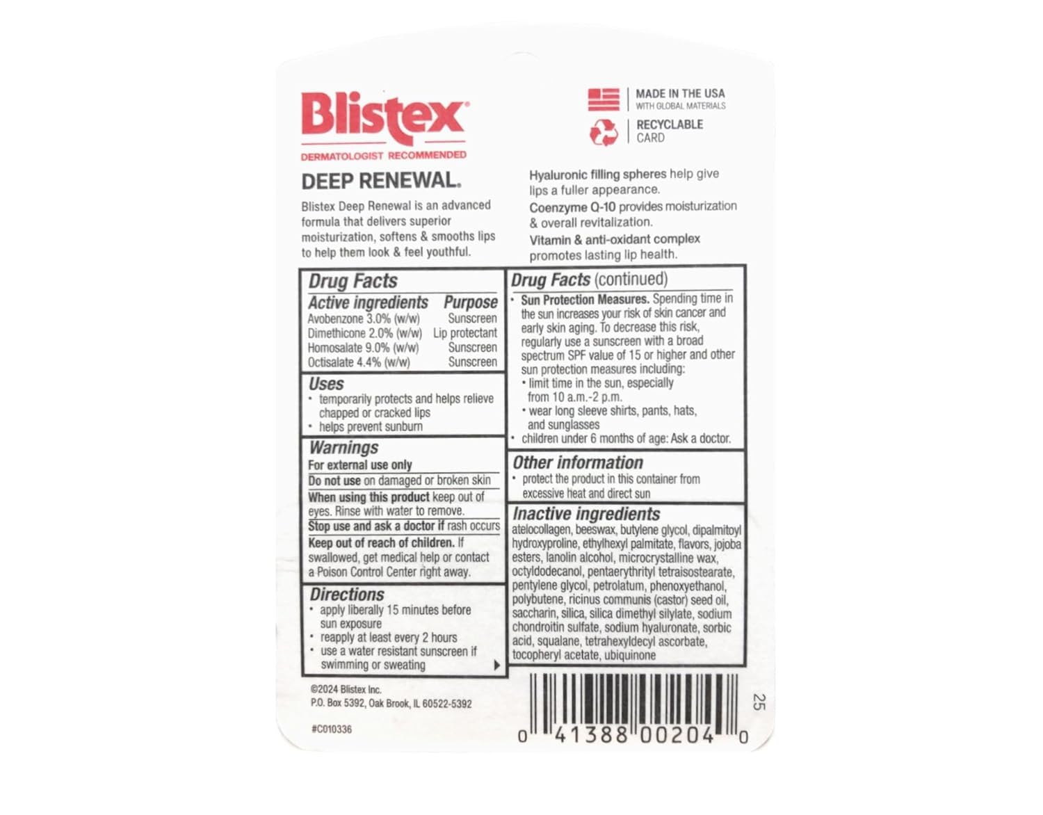 Blistex Deep Renewal lip balm pack-4 label highlights CoQ10 and hyaluronic spheres.