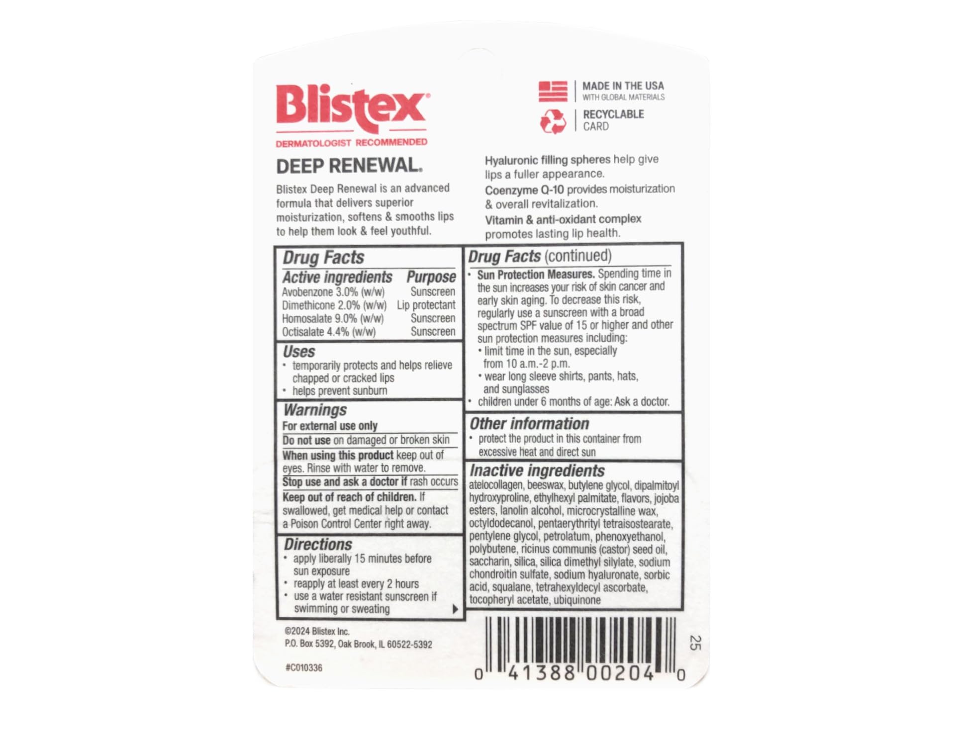 Blistex Deep Renewal SPF 15 packaging displaying UVA/UVB protection for outdoor days.