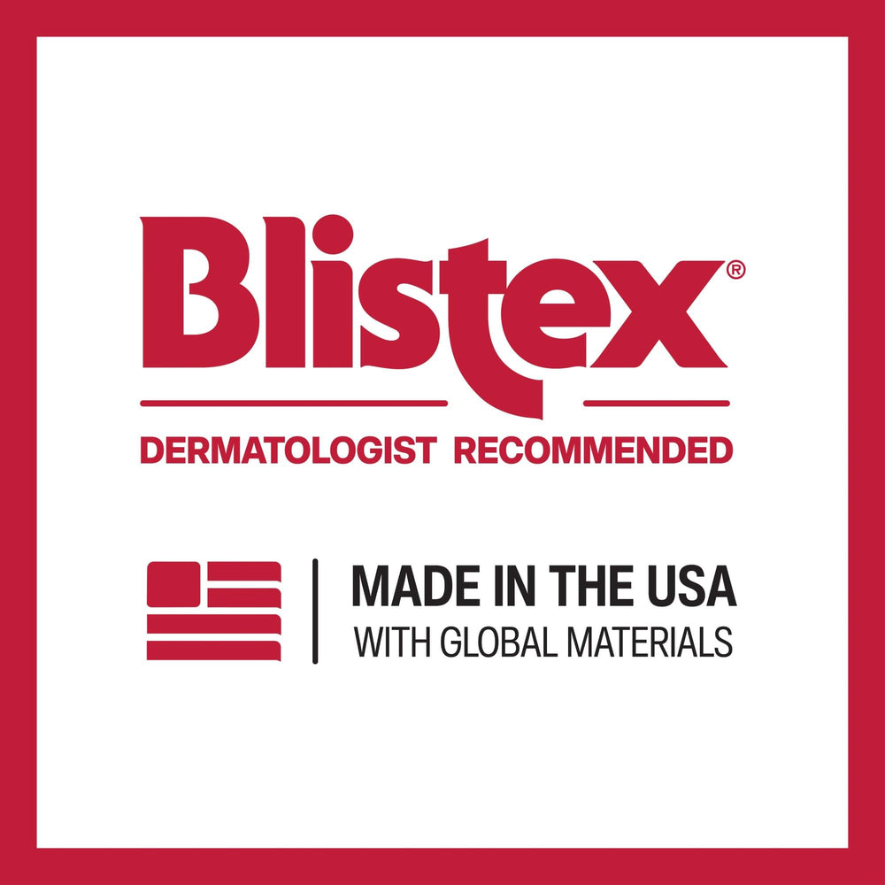 Blistex dermatologist-recommendation stamp signals trusted lip care.