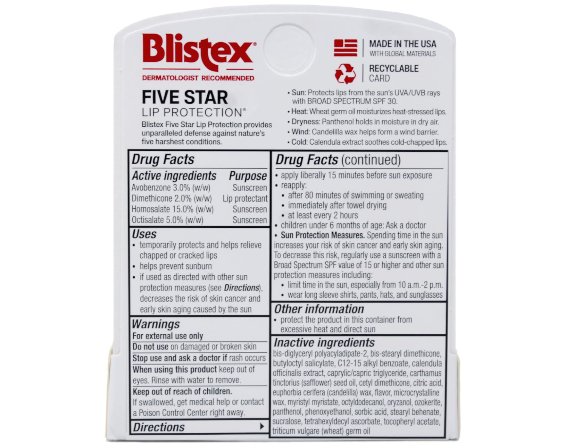 Blistex Five Star Lip Protection panthenol graphic emphasizes moisture retention.