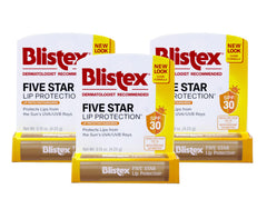 Blistex Five Star Lip Protection tube front for daily dry air protection.