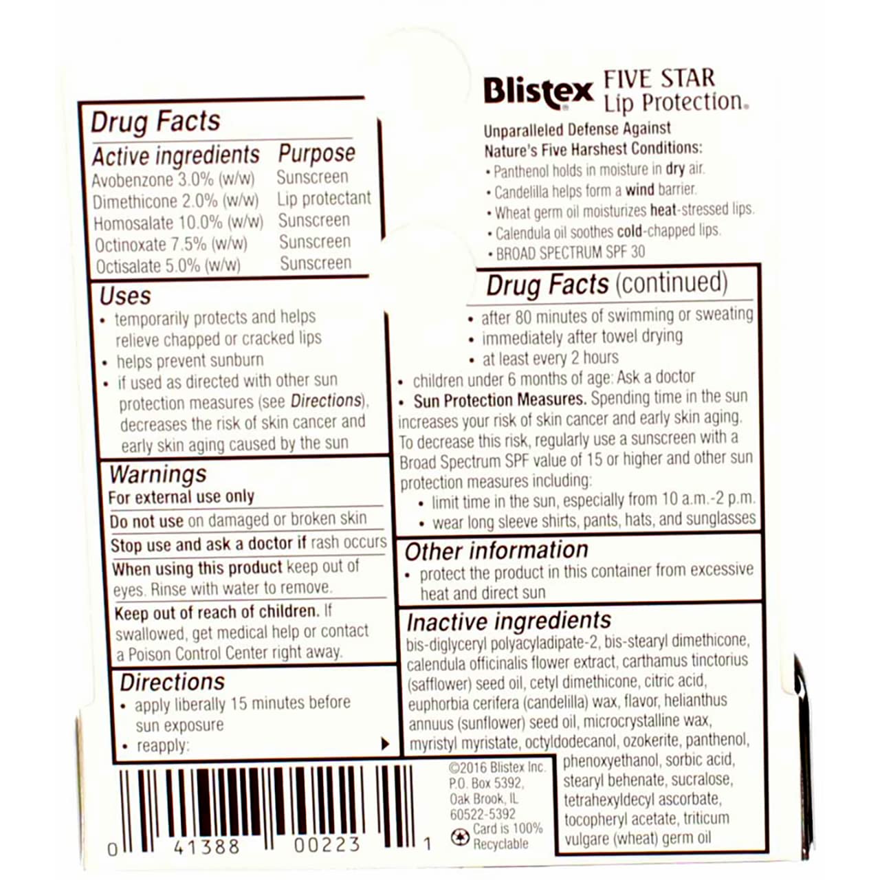 Blistex Five Star SPF 30 label highlights UV protection for sun-exposed lips.