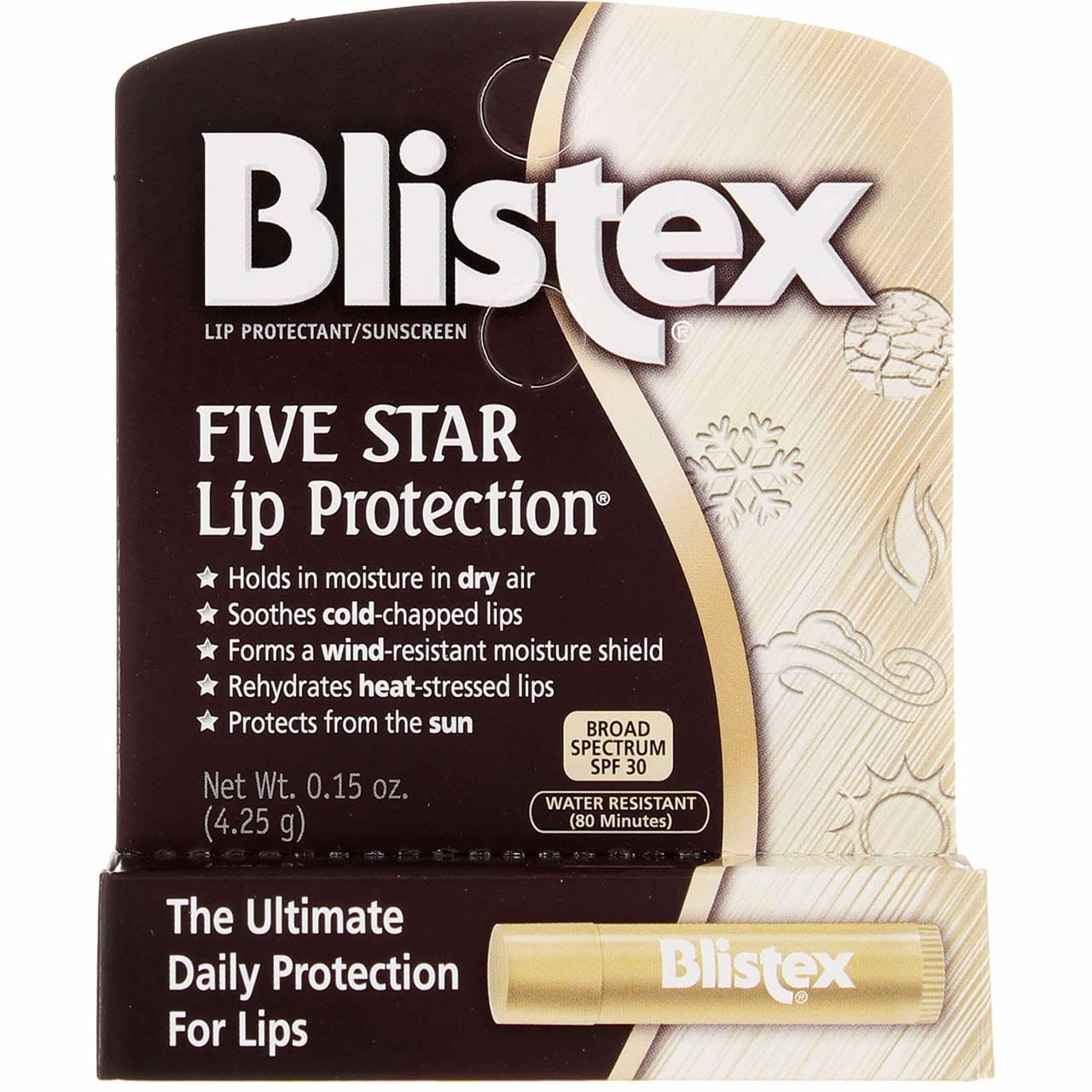 Blistex Five Star SPF 30 lip balm close-up shows smooth application.
