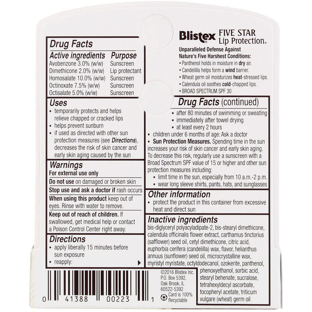 Blistex Five Star SPF 30 lip balm being applied for moisture.