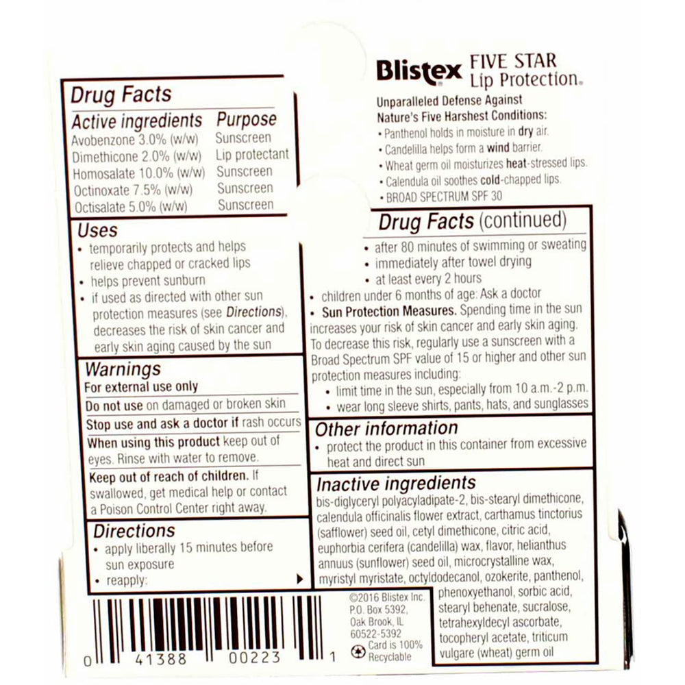 Blistex Five Star SPF 30 lip balm with satin finish and protection.