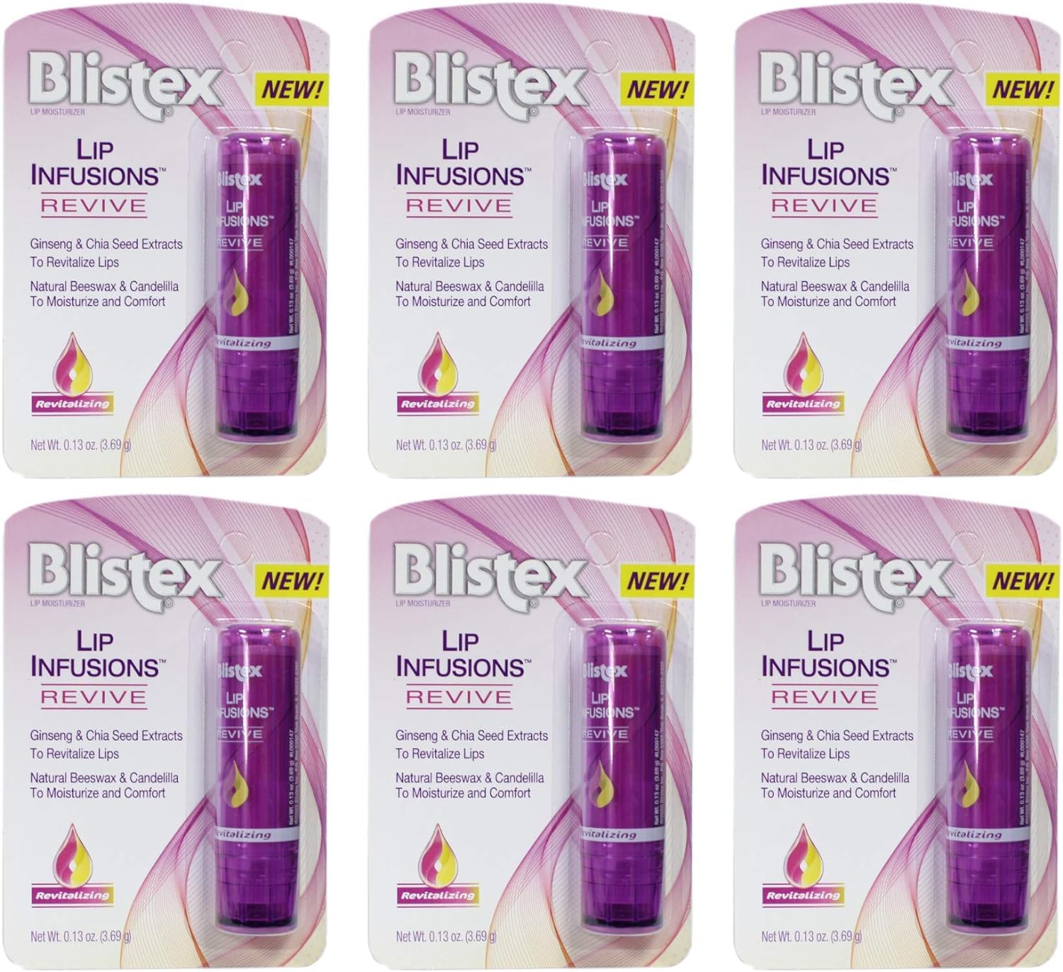 Blistex Lip Infusions Revive packaging shows a convenient six-pack for daily lip care.