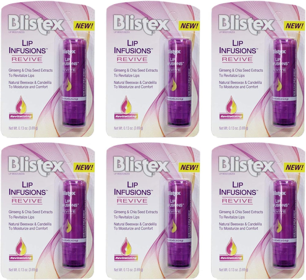Blistex Lip Infusions Revive packaging shows a convenient six-pack for daily lip care.