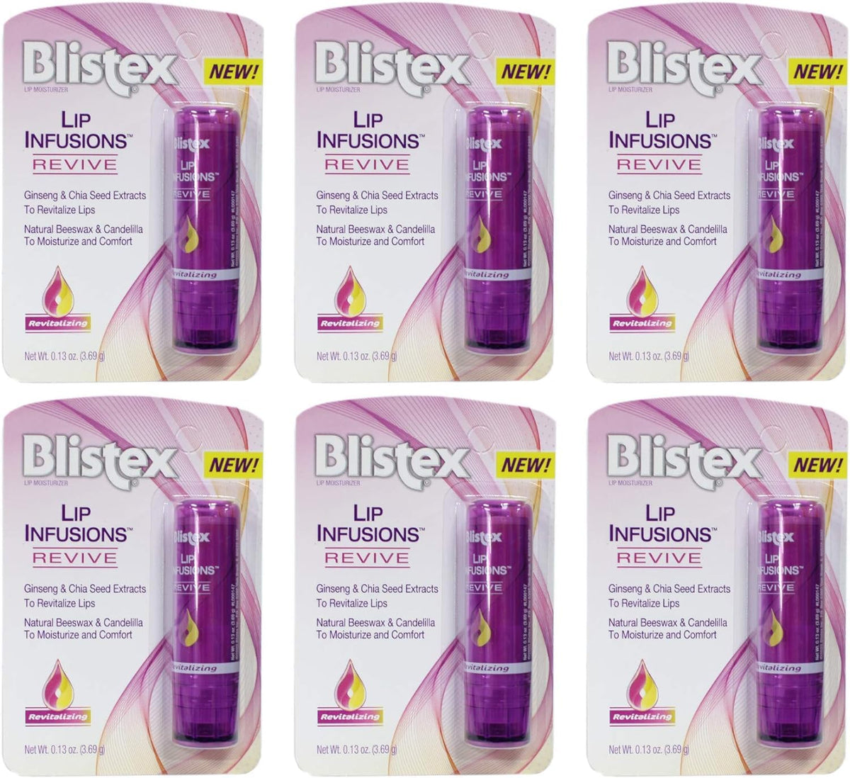 Blistex Lip Infusions Revive packaging shows a convenient six-pack for daily lip care.