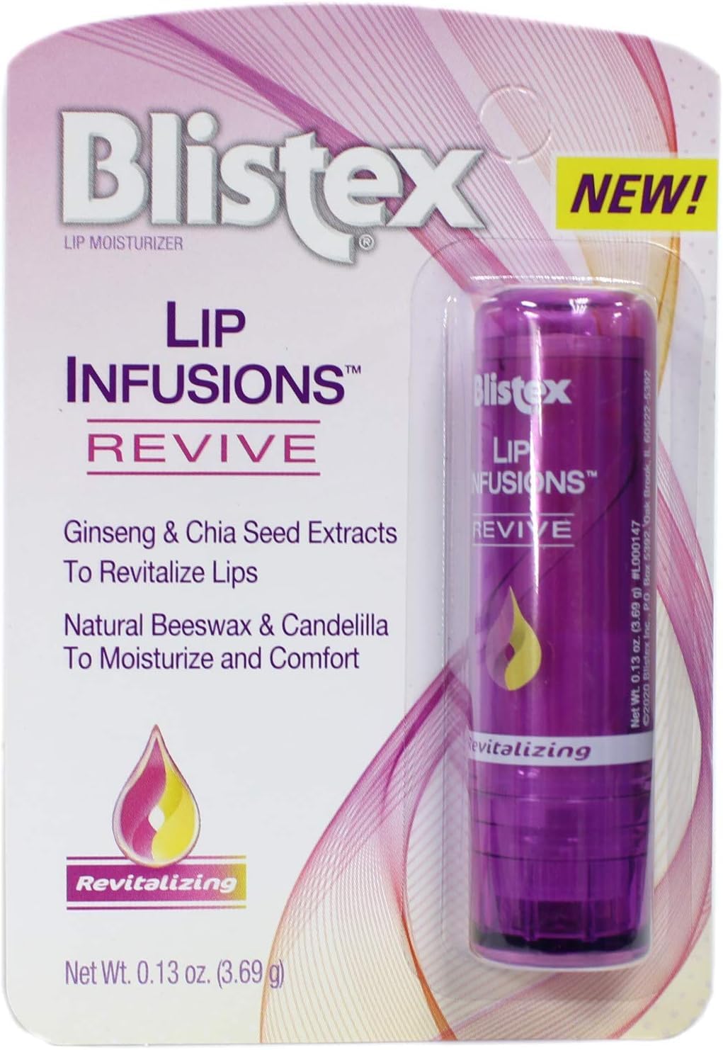 Blistex Lip Infusions Revive tube close-up highlighting moisturizing formula for soft lips.
