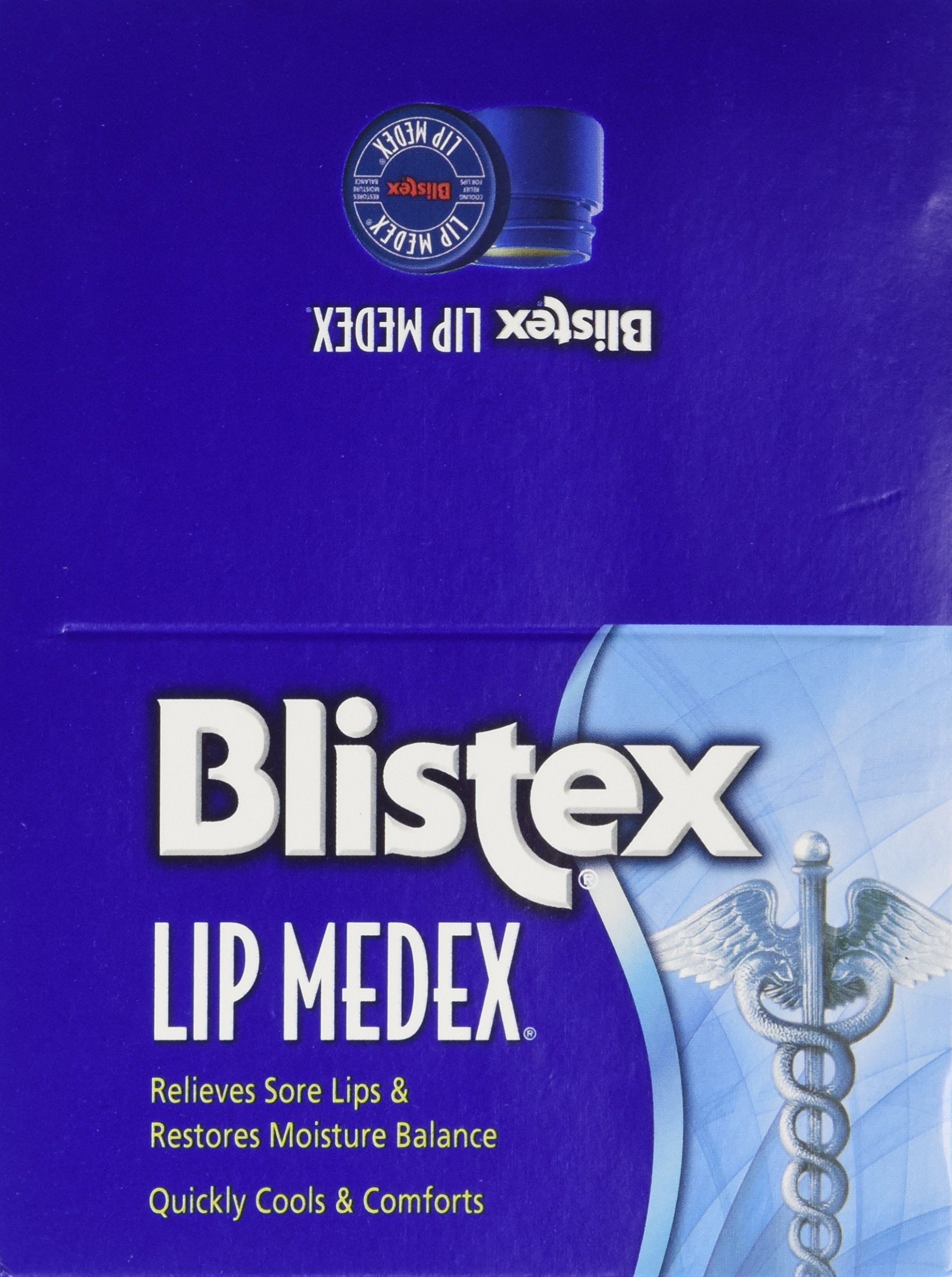 Blistex Lip Medex balm label highlights petrolatum and beeswax ingredients.