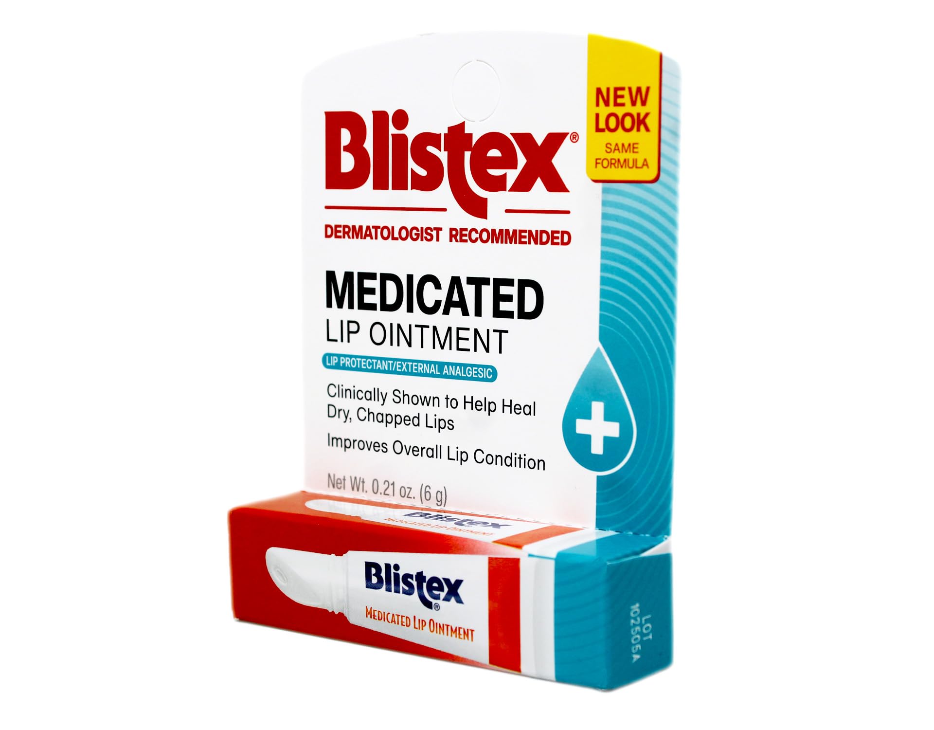 Blistex Lip Ointment label closeup highlights four-medication formula and branding.
