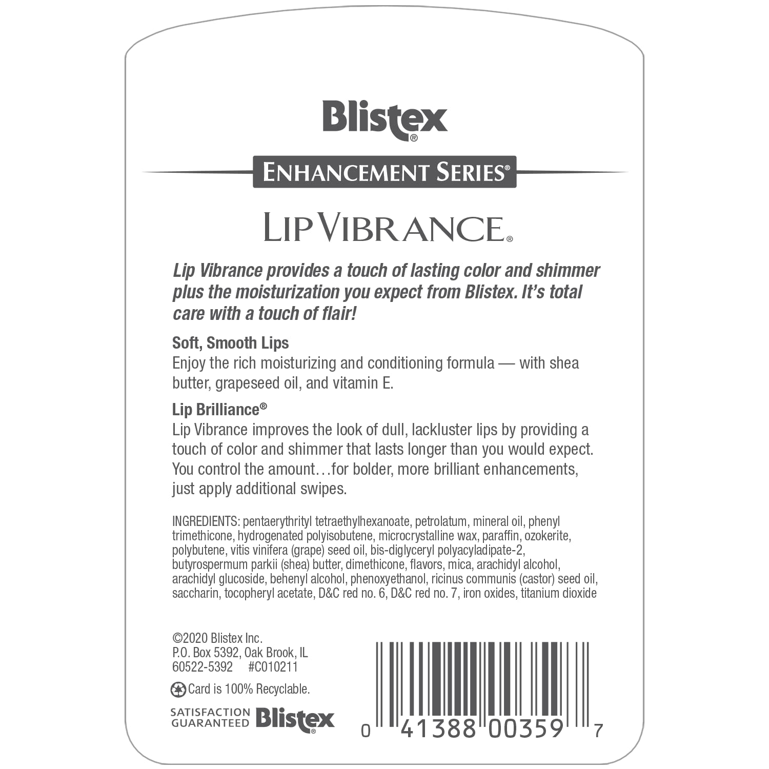 Blistex Lip Vibrance tube closeup shows compact design for daily use.
