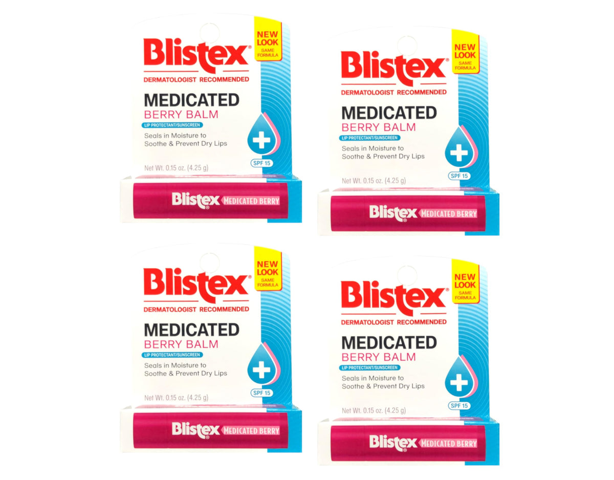 Blistex Medicated Berry Balm pack of four tubes for on-the-go hydration and protection.