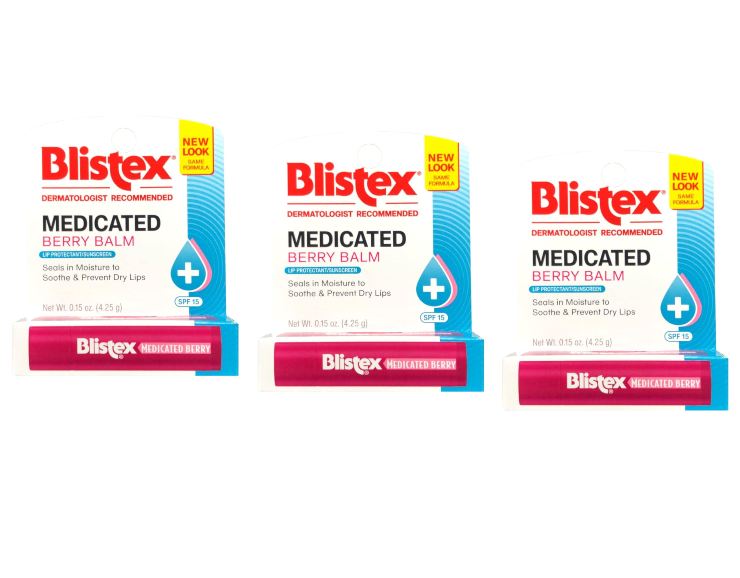 Blistex Medicated Berry Lip Balm pack shot showing three tubes for year-round care