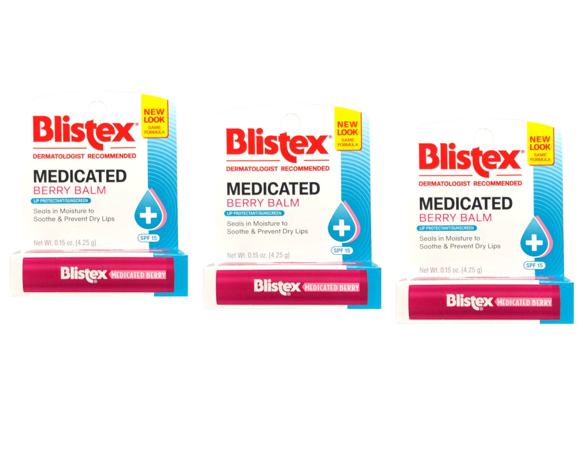 Blistex Medicated Berry Lip Balm pack shot showing three tubes for year-round care