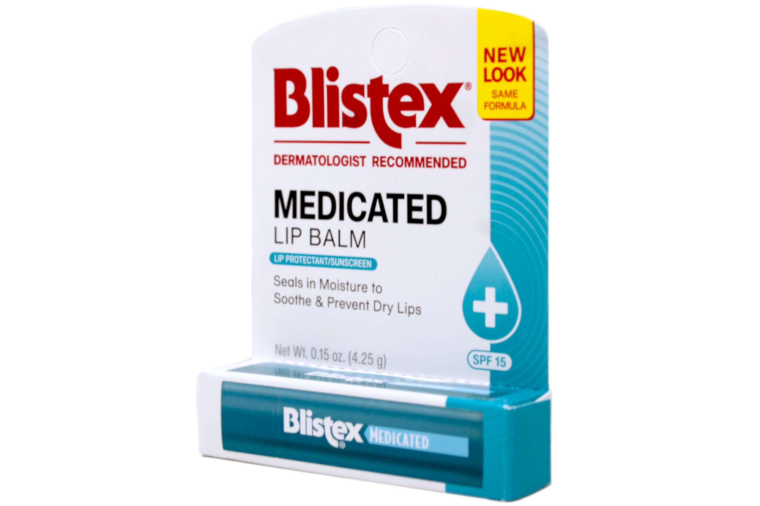 Blistex Medicated Lip Balm SPF 15 eight-pack packaging close-up shows long-lasting comfort.