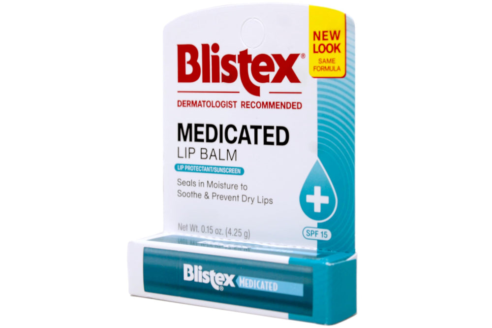 Blistex Medicated Lip Balm SPF 15 eight-pack packaging close-up shows long-lasting comfort.