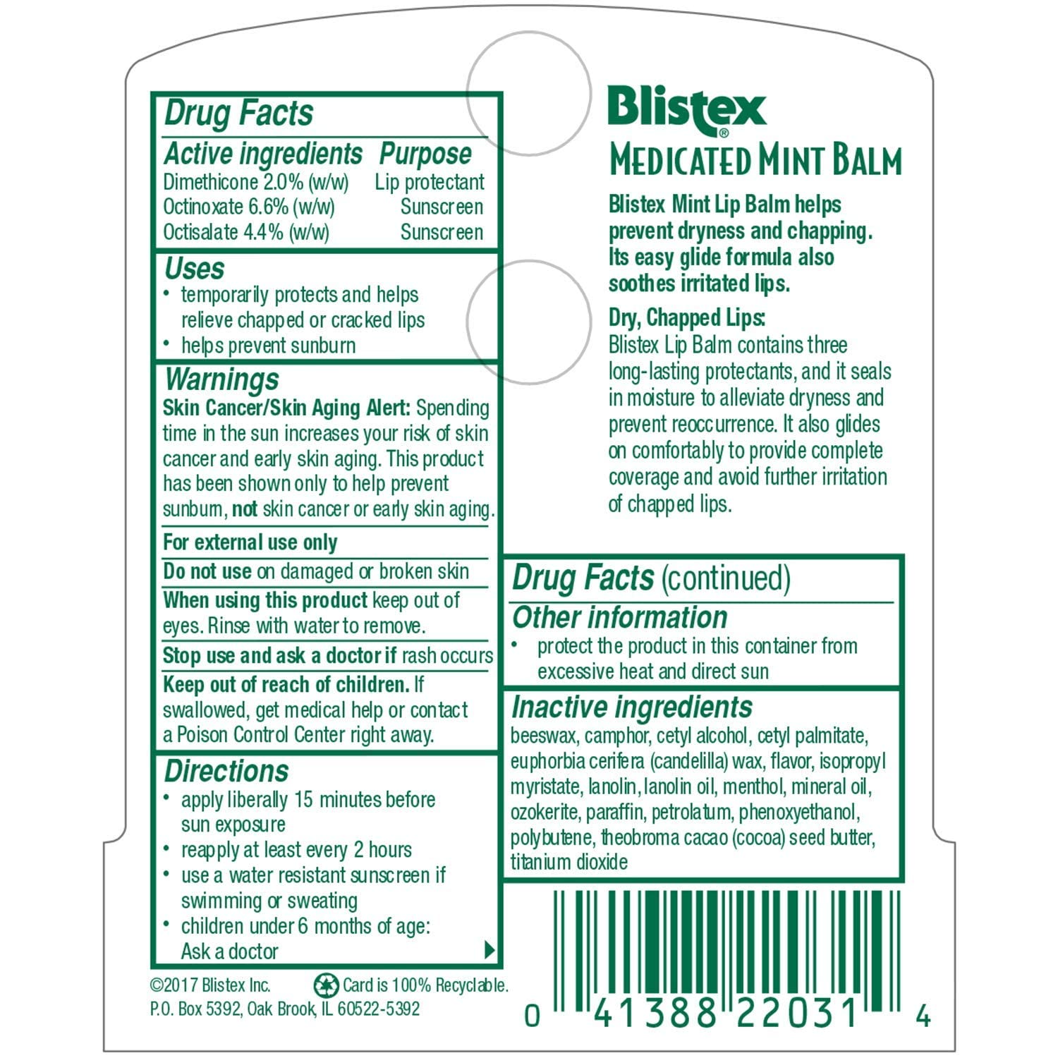 Blistex Medicated Mint Balm SPF 15 tube closeup showing cooling mint sensation for lip comfort.