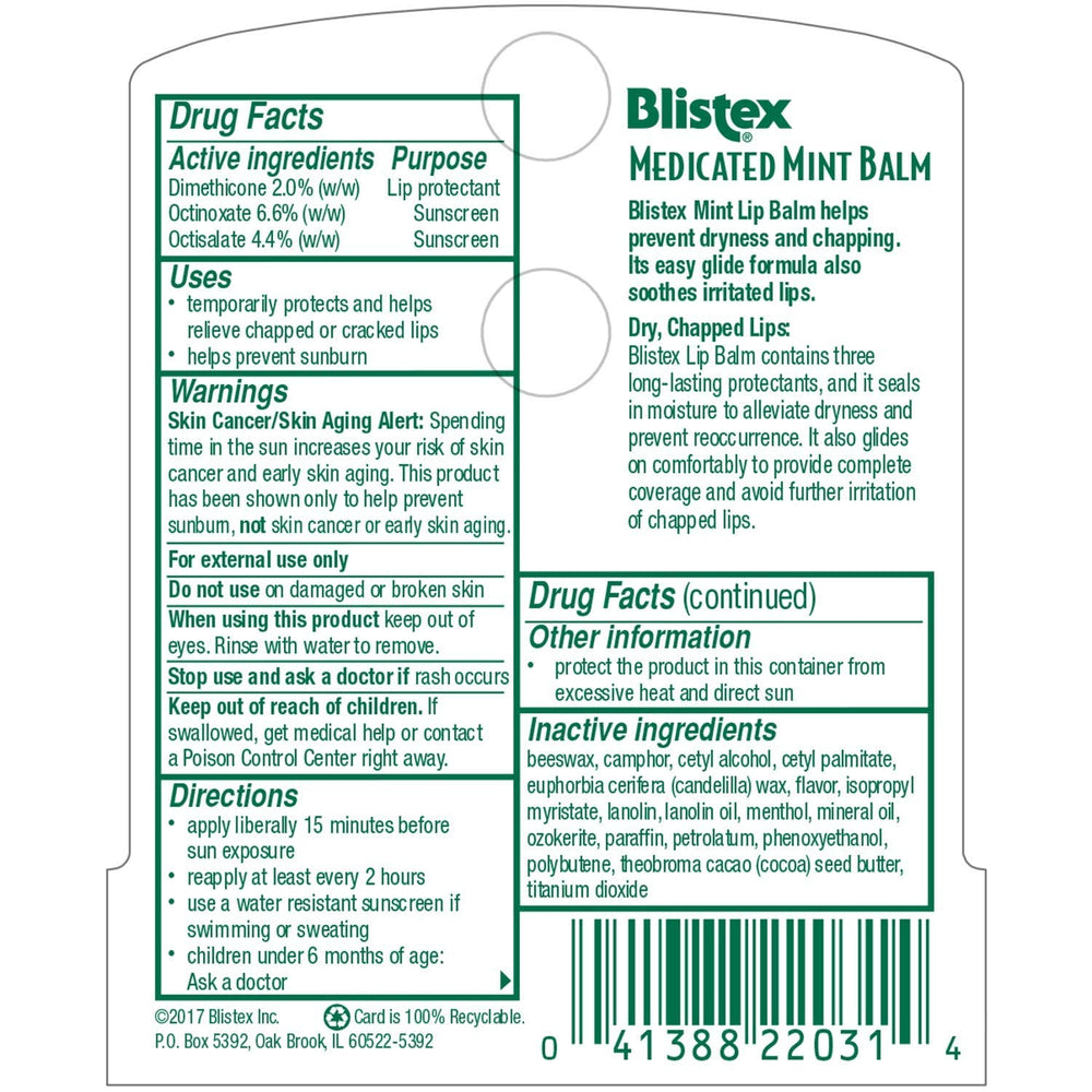 Blistex Medicated Mint Balm SPF 15 tube closeup showing cooling mint sensation for lip comfort.