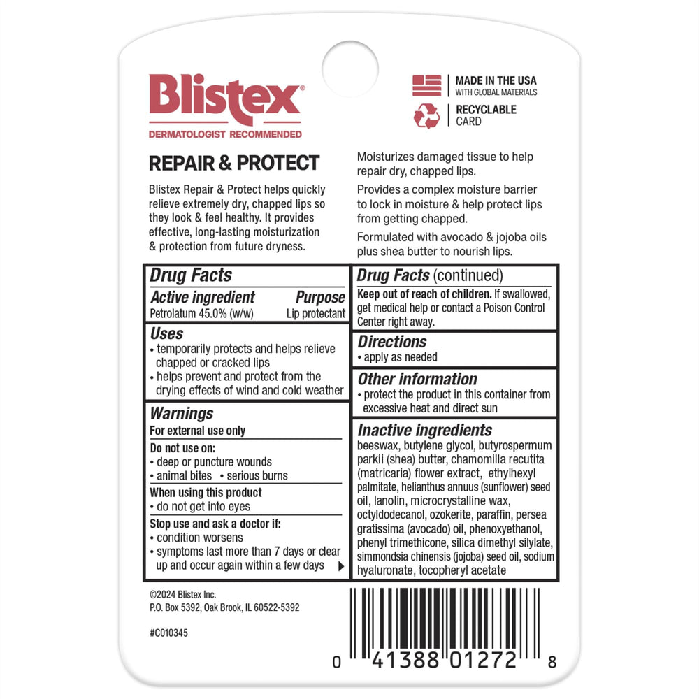 Blistex lip balm forms a moisture barrier to protect lips from dryness.