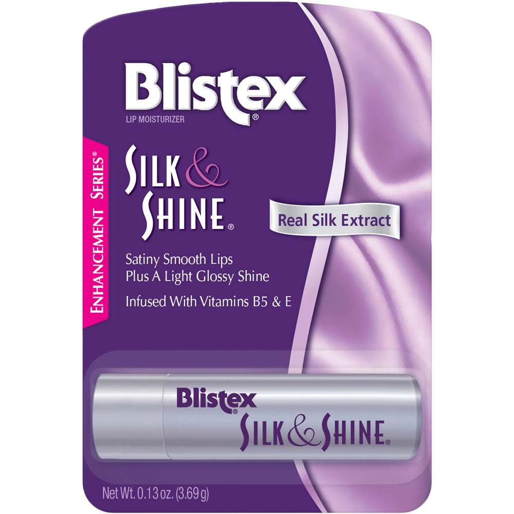 Blistex Silk & Shine lip balm packaging highlights hydration and satin-smooth lips.