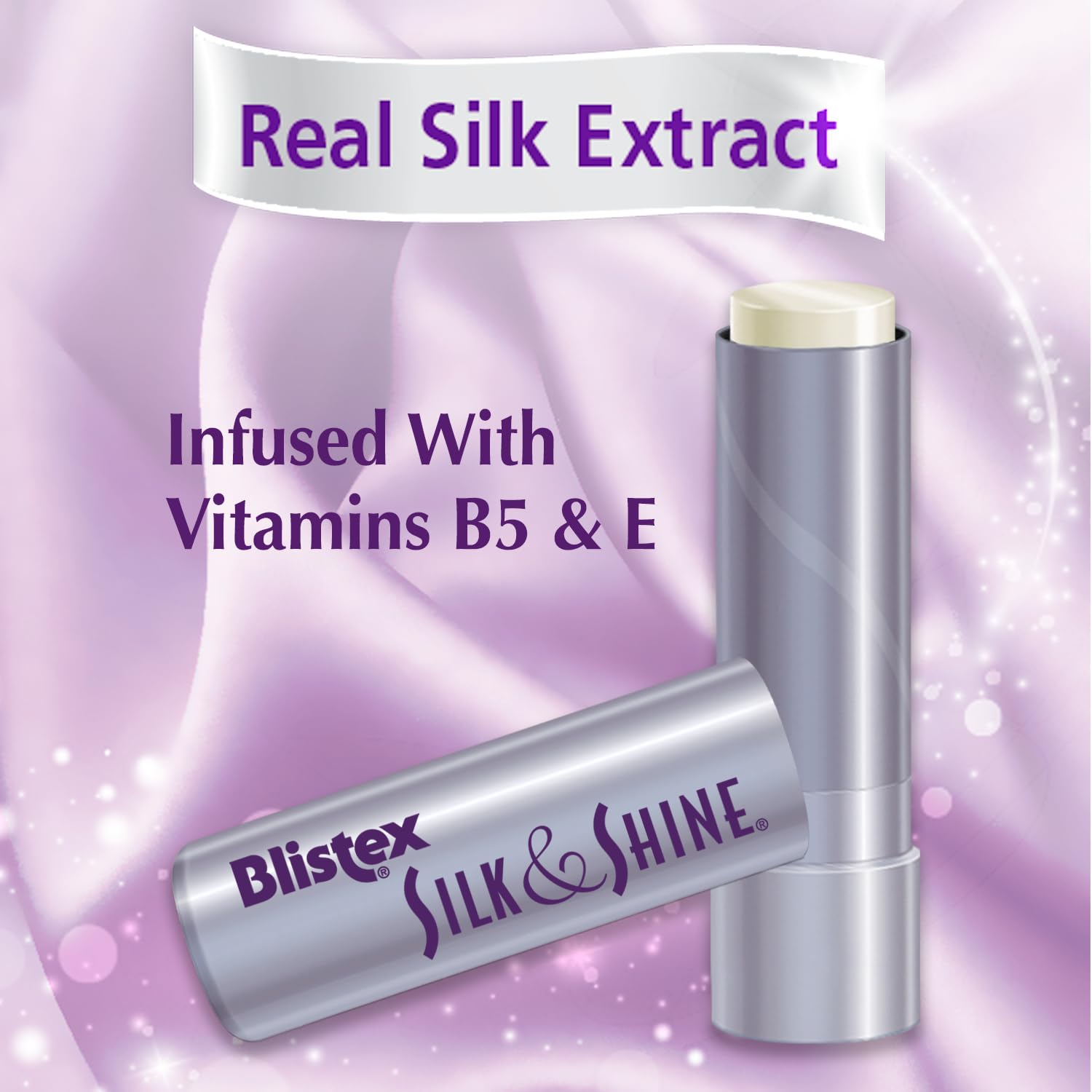 Blistex Silk & Shine satin finish close-up highlights sheer gloss on lips.