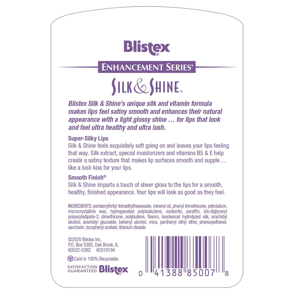 Blistex Silk & Shine with silk extracts emphasizes smoothing texture on lips.