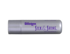Blistex Silk and Shine bottle closeup emphasizes silk-rich formula for nourished lips.